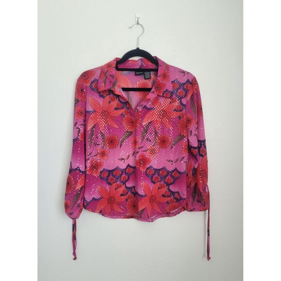 VTG Y2k Xhilaration Abstract Flower Sequin Collar Top Size L Funky Mod Retro 70s - Picture 1 of 8